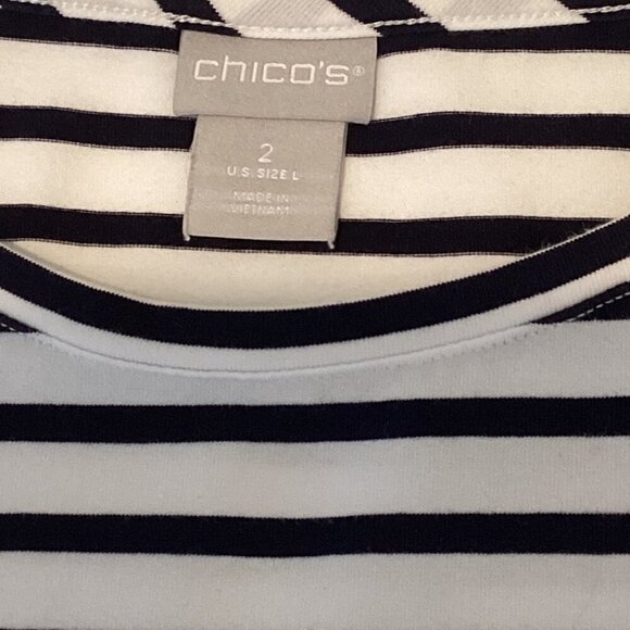 Chico's Breton Stripe Knit Top Sz 2 (L/12) Smock Shoulder Bell-Flare Sleeve 296H - Picture 11 of 12